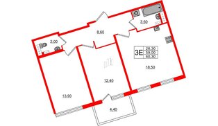 Квартира в ЖК «Новое Сертолово», 2 комнатная, 59 м², 3 этаж
