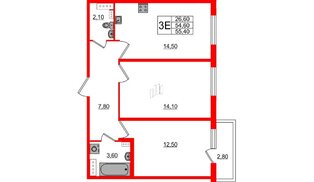 Квартира в ЖК «Новое Сертолово», 2 комнатная, 54.6 м², 3 этаж