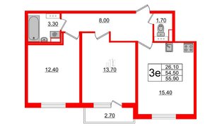 Квартира в ЖК «Новое Сертолово», 2 комнатная, 55.1 м², 2 этаж