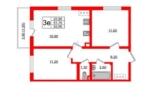 Квартира в ЖК 'Заповедный парк', 2 комнатная, 52.3 м², 16 этаж