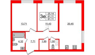 Квартира в ЖК ЦДС Новые горизонты, 2 комнатная, 61.11 м², 2 этаж