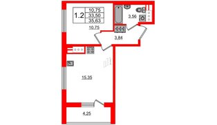 Квартира в ЖК «Чистое небо», 1 комнатная, 33.5 м², 4 этаж