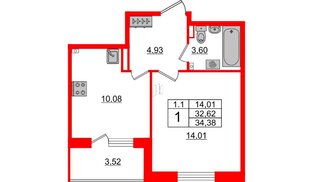 Квартира в ЖК Зеленый квартал на Пулковских высотах, 1 комнатная, 32.62 м², 2 этаж