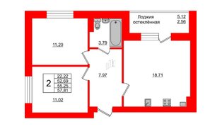 Квартира в ЖК Олимпия-1, 2 комнатная, 55.25 м², 6 этаж