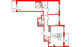 Квартира в ЖК «Чистое небо», 3 комнатная, 92.6 м², 8 этаж