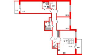 Квартира в ЖК «Чистое небо», 3 комнатная, 92.11 м², 4 этаж