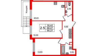 Квартира в ЖК «Чистое небо», 2 комнатная, 66.27 м², 1 этаж