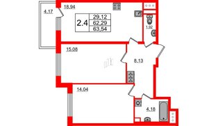Квартира в ЖК «Чистое небо», 2 комнатная, 62.33 м², 12 этаж