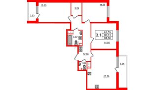 Квартира в ЖК «Чистое небо», 3 комнатная, 90.01 м², 16 этаж