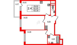 Квартира в ЖК «Чистое небо», 2 комнатная, 62.05 м², 2 этаж