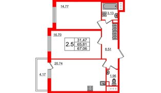 Квартира в ЖК «Чистое небо», 2 комнатная, 65.81 м², 12 этаж