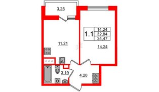 Квартира в ЖК «Чистое небо», 1 комнатная, 32.84 м², 9 этаж