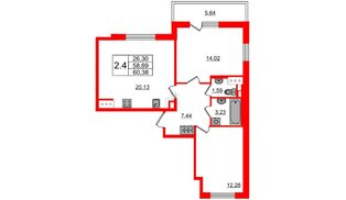Квартира в ЖК «Чистое небо», 2 комнатная, 58.69 м², 11 этаж