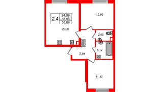 Квартира в ЖК «Чистое небо», 2 комнатная, 58.86 м², 1 этаж