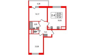 Квартира в ЖК «Чистое небо», 2 комнатная, 55.67 м², 6 этаж