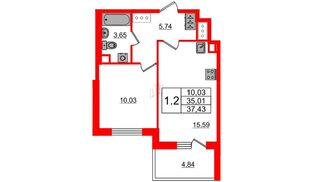 Квартира в ЖК «Чистое небо», 1 комнатная, 35.01 м², 12 этаж