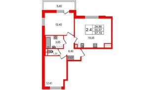 Квартира в ЖК «Чистое небо», 2 комнатная, 55.57 м², 8 этаж