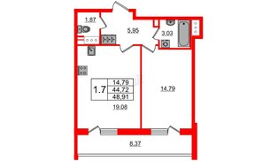 Квартира в ЖК «Чистое небо», 1 комнатная, 44.72 м², 13 этаж