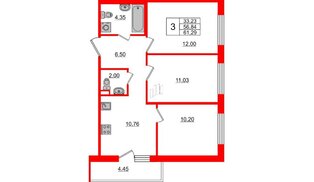 Квартира в ЖК ЦДС Parkolovo, 3 комнатная, 56.84 м², 7 этаж