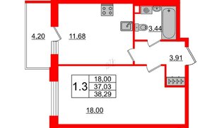 Квартира в ЖК Стрижи в Невском 2, 1 комнатная, 37.03 м², 2 этаж