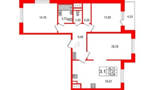 Квартира в ЖК Стрижи в Невском 2, 3 комнатная, 77.21 м², 3 этаж