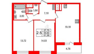 Квартира в ЖК Стрижи в Невском 2, 2 комнатная, 59.6 м², 6 этаж
