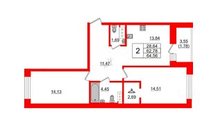 Квартира в ЖК Квартал Уютный, 2 комнатная, 64.56 м², 4 этаж