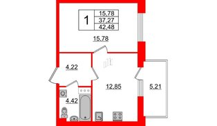 Квартира в ЖК «Черная Речка», 1 комнатная, 37.27 м², 4 этаж