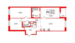 Квартира в ЖК «Черная Речка», 3 комнатная, 88.1 м², 7 этаж