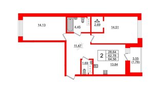 Квартира в ЖК Квартал Уютный, 2 комнатная, 65.05 м², 4 этаж