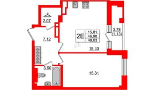 Квартира в ЖК Neva Residence, 1 комнатная, 48.4 м², 8 этаж