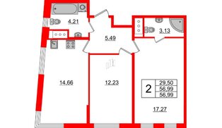 Квартира в ЖК Морская набережная 2, 2 комнатная, 56.99 м², 13 этаж