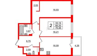 Квартира в ЖК «Черная Речка», 2 комнатная, 66.2 м², 14 этаж