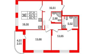Квартира в ЖК Энфилд, 2 комнатная, 65.73 м², 2 этаж