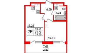 Квартира в ЖК Энфилд, 1 комнатная, 38.56 м², 2 этаж