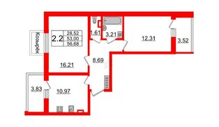 Квартира в ЖК «Солнечный город», 2 комнатная, 53 м², 1 этаж