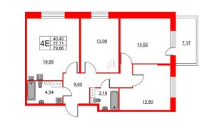 Квартира в ЖК Аквилон Stories, 3 комнатная, 79.86 м², 4 этаж