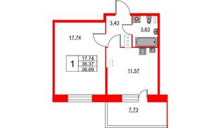 Квартира в ЖК Аквилон Stories, 1 комнатная, 38.69 м², 4 этаж