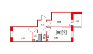 Квартира в ЖК Аквилон Stories, 2 комнатная, 55.23 м², 7 этаж