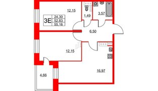 Квартира в ЖК Аквилон Stories, 2 комнатная, 55.16 м², 5 этаж