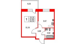 Квартира в ЖК Аквилон Stories, 1 комнатная, 33.76 м², 5 этаж