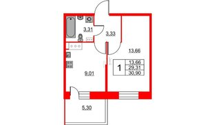Квартира в ЖК Аквилон Stories, 1 комнатная, 30.9 м², 10 этаж