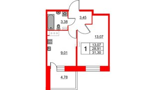 Квартира в ЖК Аквилон Stories, 1 комнатная, 31.3 м², 12 этаж