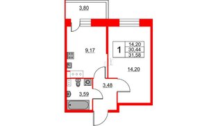 Квартира в ЖК Аквилон Stories, 1 комнатная, 31.58 м², 11 этаж