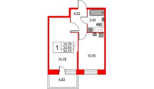 Квартира в ЖК Аквилон Stories, 1 комнатная, 34.1 м², 11 этаж