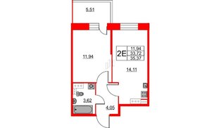Квартира в ЖК Аквилон Stories, 1 комнатная, 35.37 м², 3 этаж