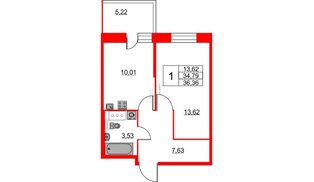 Квартира в ЖК Аквилон Stories, 1 комнатная, 36.36 м², 12 этаж