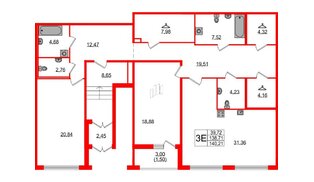 Квартира в ЖК 'Фамилия', 2 комнатная, 140.21 м², 1 этаж