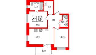 Квартира в ЖК «Северный», 2 комнатная, 55.57 м², 11 этаж