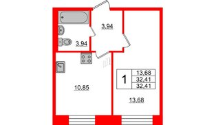 Квартира в ЖК «Северный», 1 комнатная, 32.41 м², 1 этаж